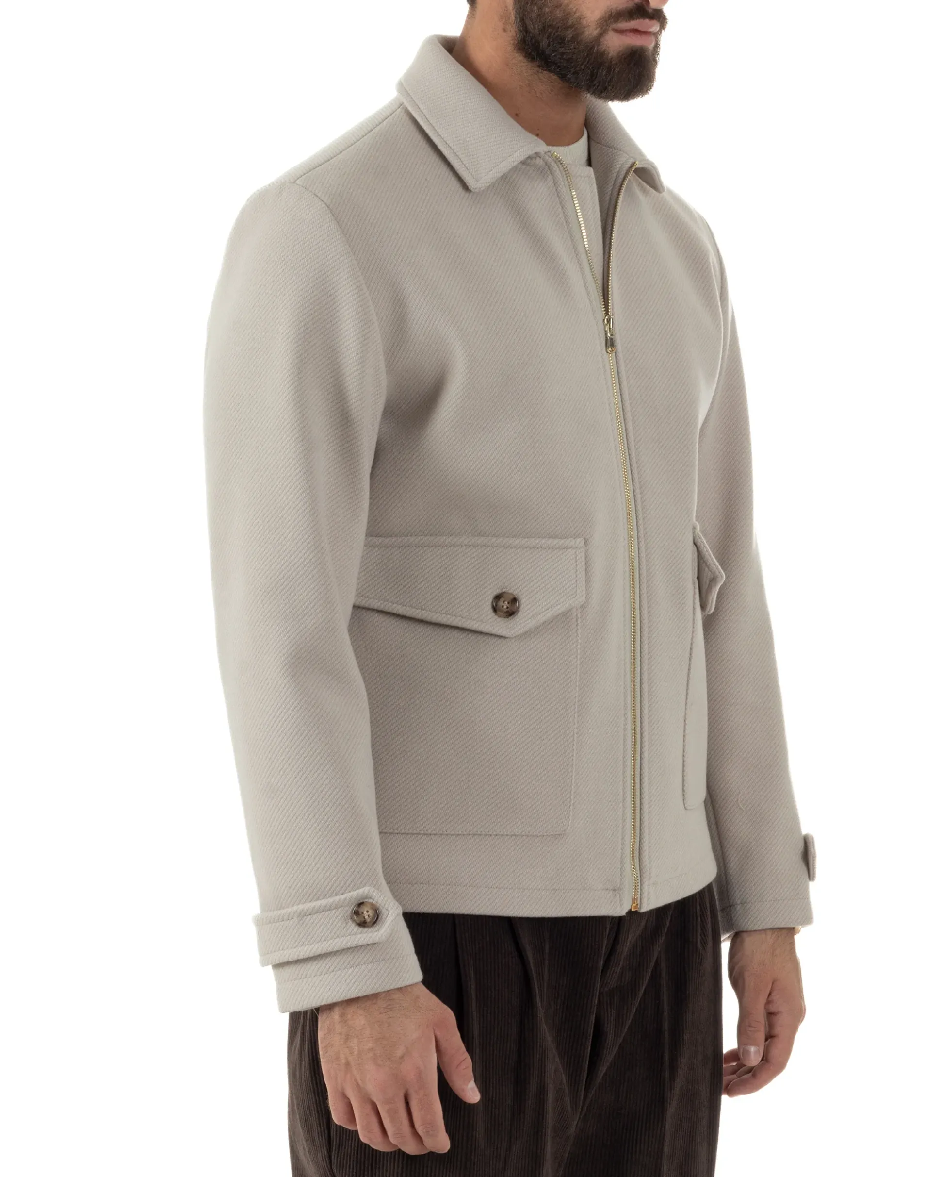 Giubbotto Uomo Giacca Bomber Panno Spigato Zip Colletto Beige BlackSunday G3379A