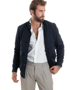 Giubbotto uomo giacca college bottoni tessuto tecnico bomber imbottito caldo tasche blu GIOSAL-G3273A