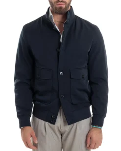 Giubbotto uomo giacca college bottoni tessuto tecnico bomber imbottito caldo tasche blu GIOSAL-G3273A