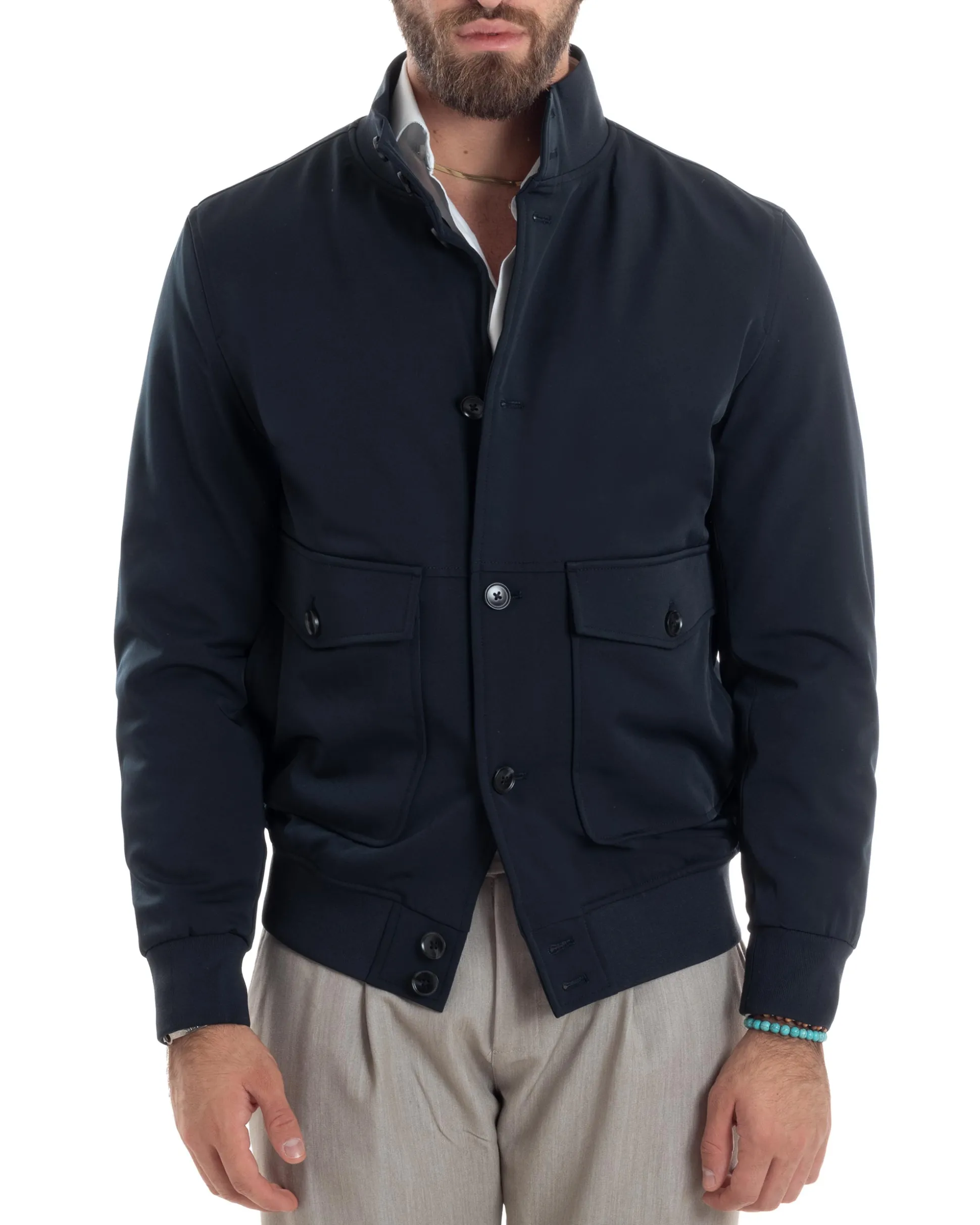 Giubbotto uomo giacca college bottoni tessuto tecnico bomber imbottito caldo tasche blu GIOSAL-G3273A