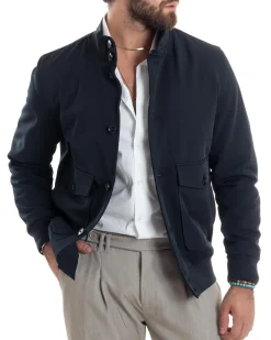 Giubbotto uomo giacca college bottoni tessuto tecnico bomber imbottito caldo tasche blu GIOSAL-G3273A