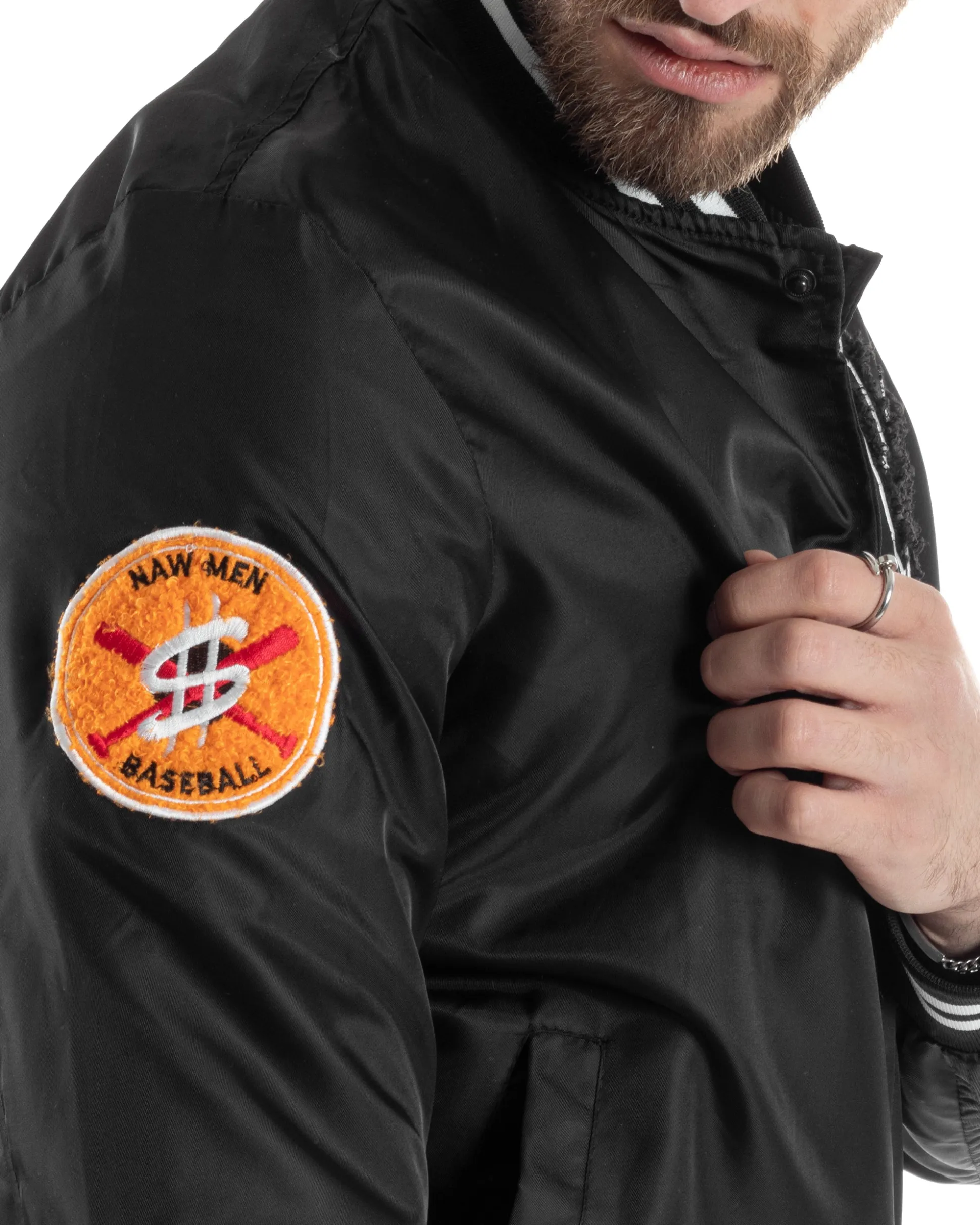 Giubbotto Uomo Giacca College Bomber Con Patch Tessuto Tecnico Nero GIOSAL-G3177A