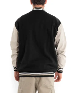 Giubbotto Uomo Giacca College Varsity Ecopelle Bicolore Nero Beige GIOSAL-G2890A