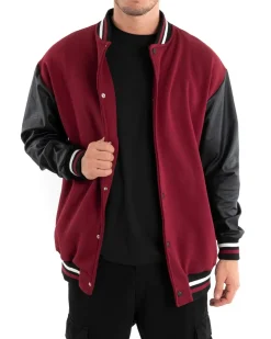 Giubbotto Uomo Giacca College Varsity Ecopelle Bicolore Bordeaux Nero GIOSAL-G2889A