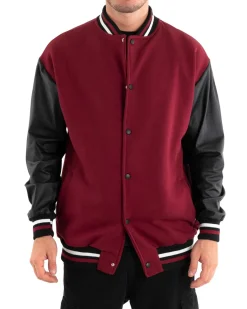 Giubbotto Uomo Giacca College Varsity Ecopelle Bicolore Bordeaux Nero GIOSAL-G2889A