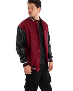Giubbotto Uomo Giacca College Varsity Ecopelle Bicolore Bordeaux Nero GIOSAL-G2889A