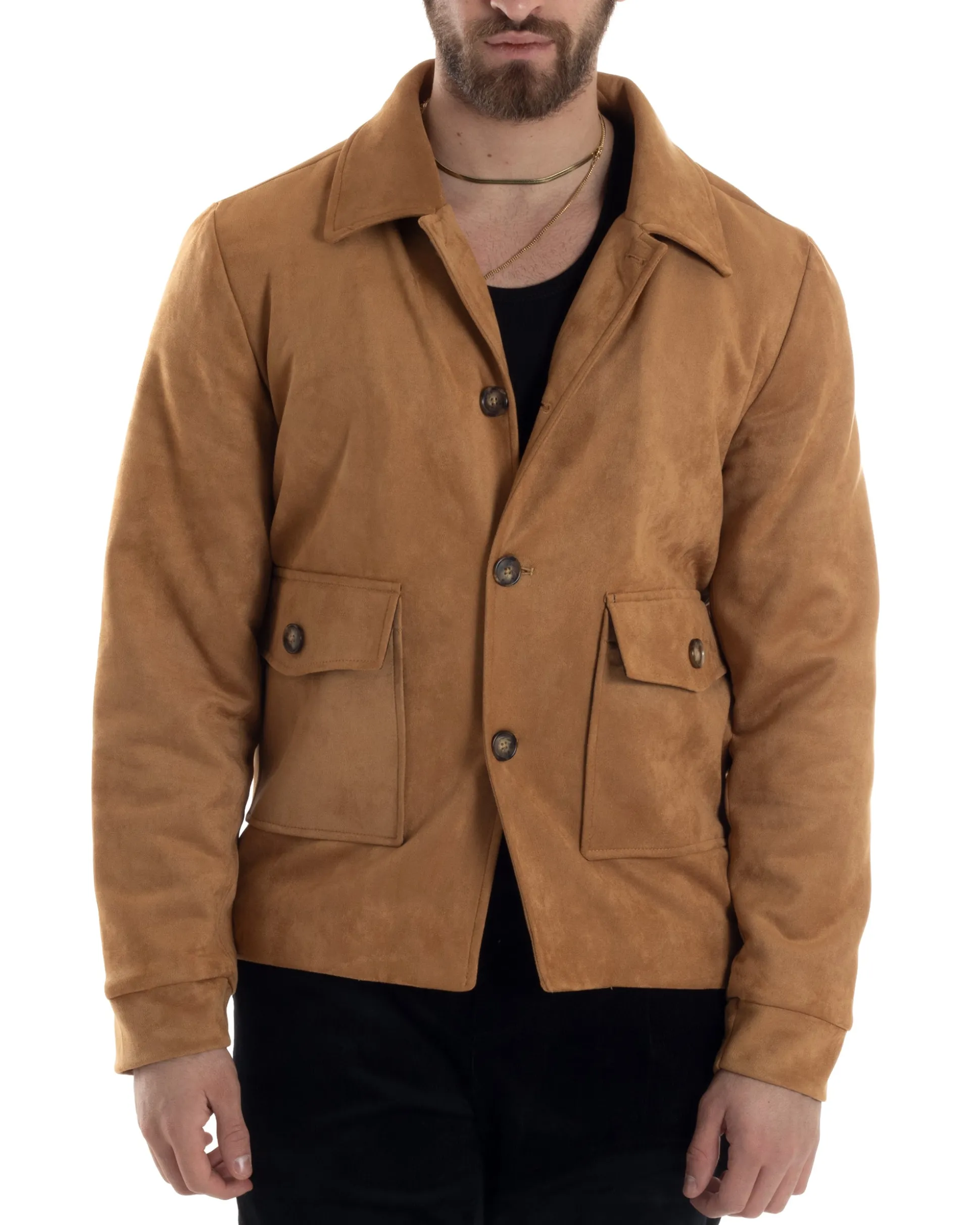 Giubbotto Uomo Giacca Con Colletto Camoscio Con Bottoni Tasche Con Patta Camel Casual GIOSAL-G3153A