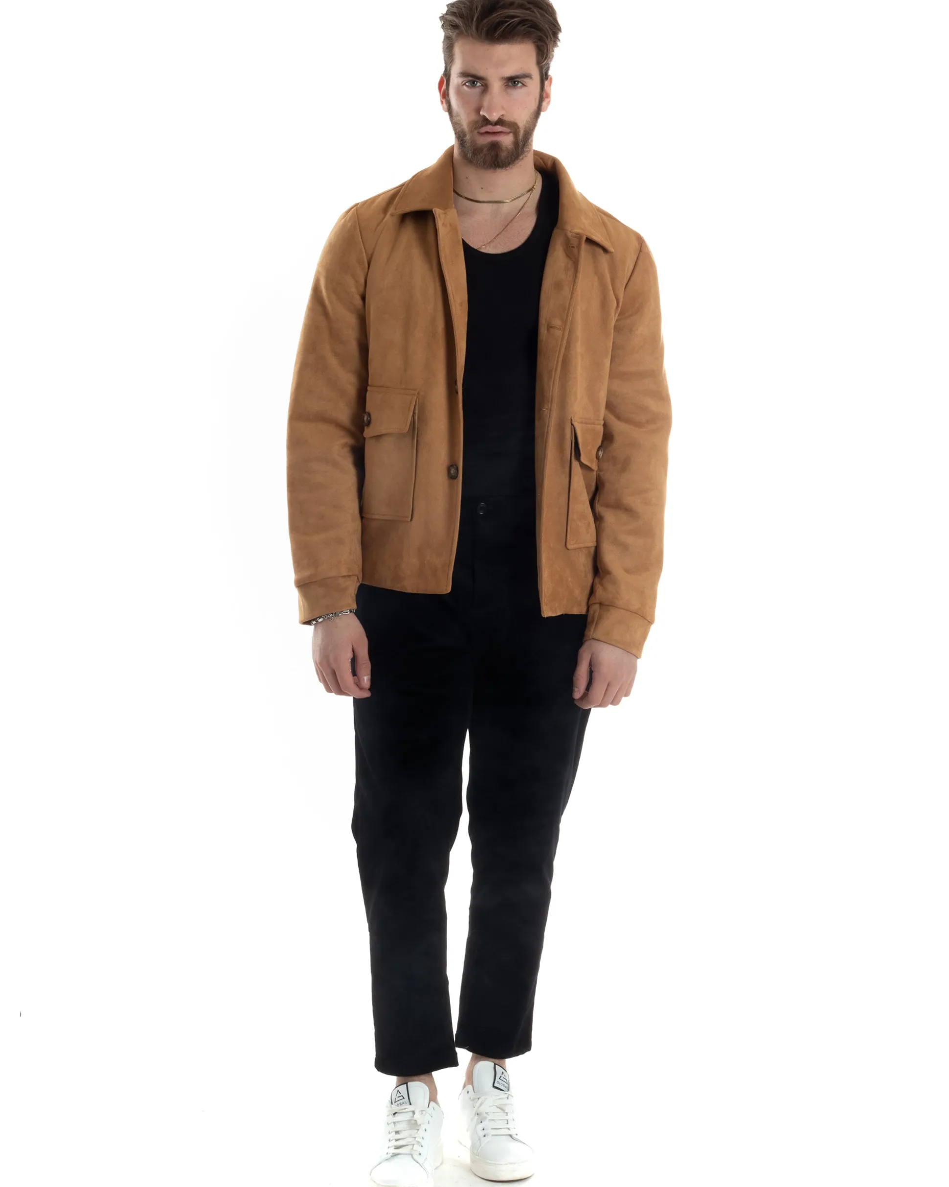 Giubbotto Uomo Giacca Con Colletto Camoscio Con Bottoni Tasche Con Patta Camel Casual GIOSAL-G3153A