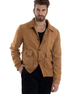 Giubbotto Uomo Giacca Con Colletto Camoscio Con Bottoni Tasche Con Patta Camel Casual GIOSAL-G3153A