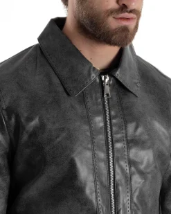 Giubbotto Uomo Giacca Con Colletto Ecopelle Tasche Con Patta Nero Casual GIOSAL-G3190A