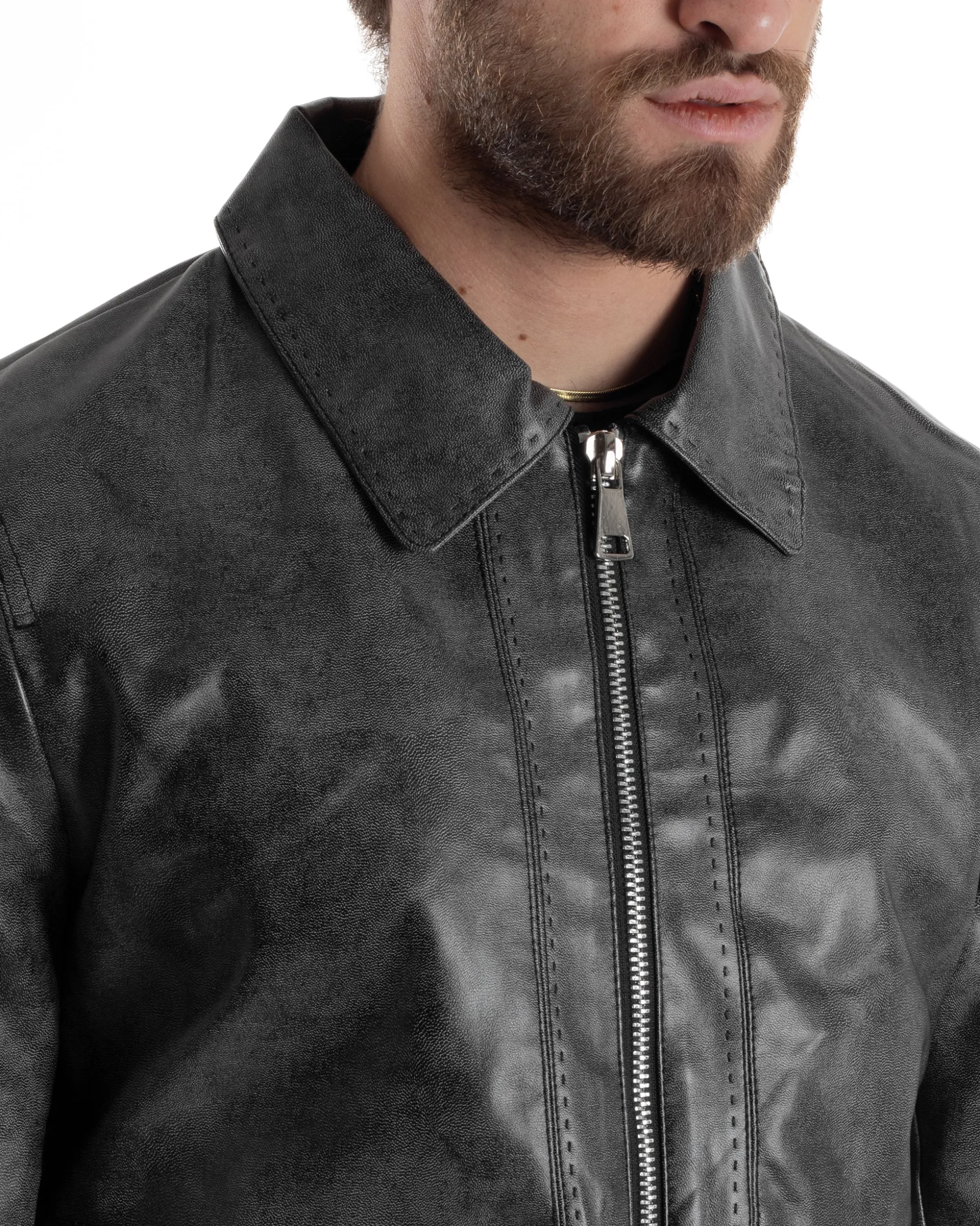 Giubbotto Uomo Giacca Con Colletto Ecopelle Tasche Con Patta Nero Casual GIOSAL-G3190A