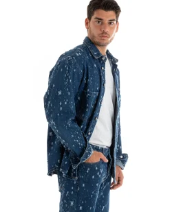 Giubbotto Uomo Giacca Jeans Con Colletto Camicione Rotture Oversize Denim GIOSAL-G3074A