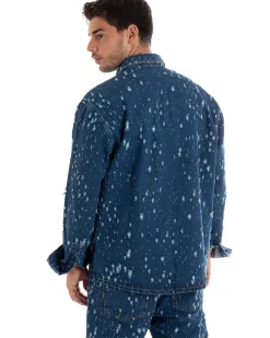 Giubbotto Uomo Giacca Jeans Con Colletto Camicione Rotture Oversize Denim GIOSAL-G3074A