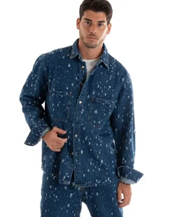 Giubbotto Uomo Giacca Jeans Con Colletto Camicione Rotture Oversize Denim GIOSAL-G3074A
