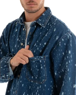 Giubbotto Uomo Giacca Jeans Con Colletto Camicione Rotture Oversize Denim GIOSAL-G3074A
