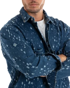 Giubbotto Uomo Giacca Jeans Con Colletto Camicione Rotture Oversize Denim GIOSAL-G3074A