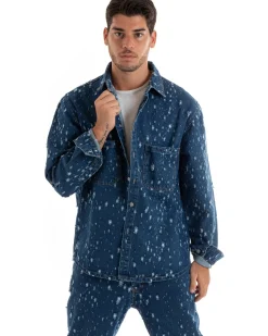 Giubbotto Uomo Giacca Jeans Con Colletto Camicione Rotture Oversize Denim GIOSAL-G3074A