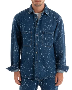 Giubbotto Uomo Giacca Jeans Con Colletto Camicione Rotture Oversize Denim GIOSAL-G3074A