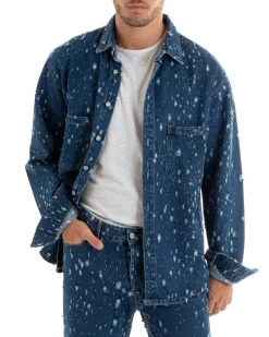 Giubbotto Uomo Giacca Jeans Con Colletto Camicione Rotture Oversize Denim GIOSAL-G3074A