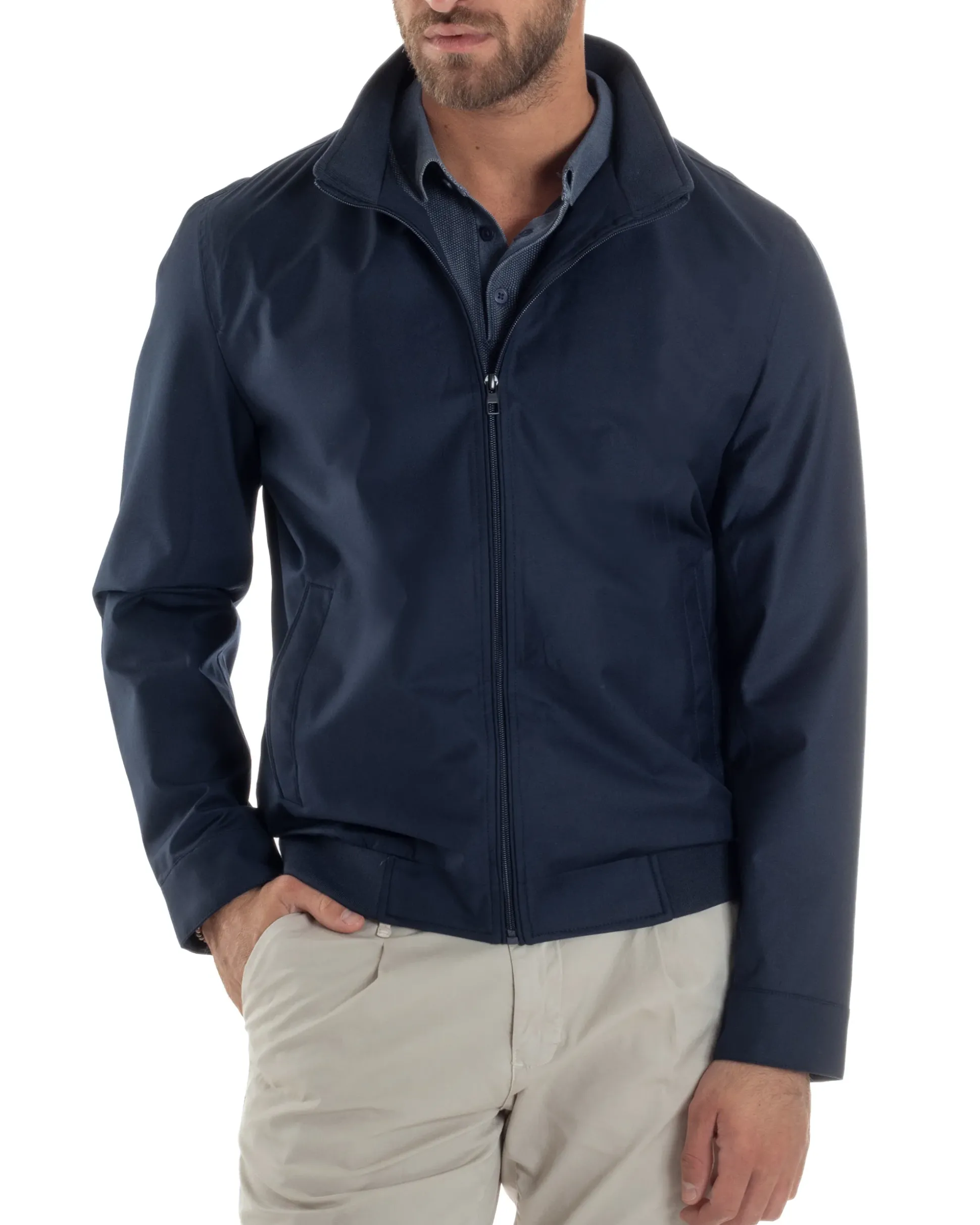Giubbotto Uomo Giacca Leggera Tessuto Tecnico No Stiro College Impermeabile Con Zip Blu Casual GIOSAL-G3299A