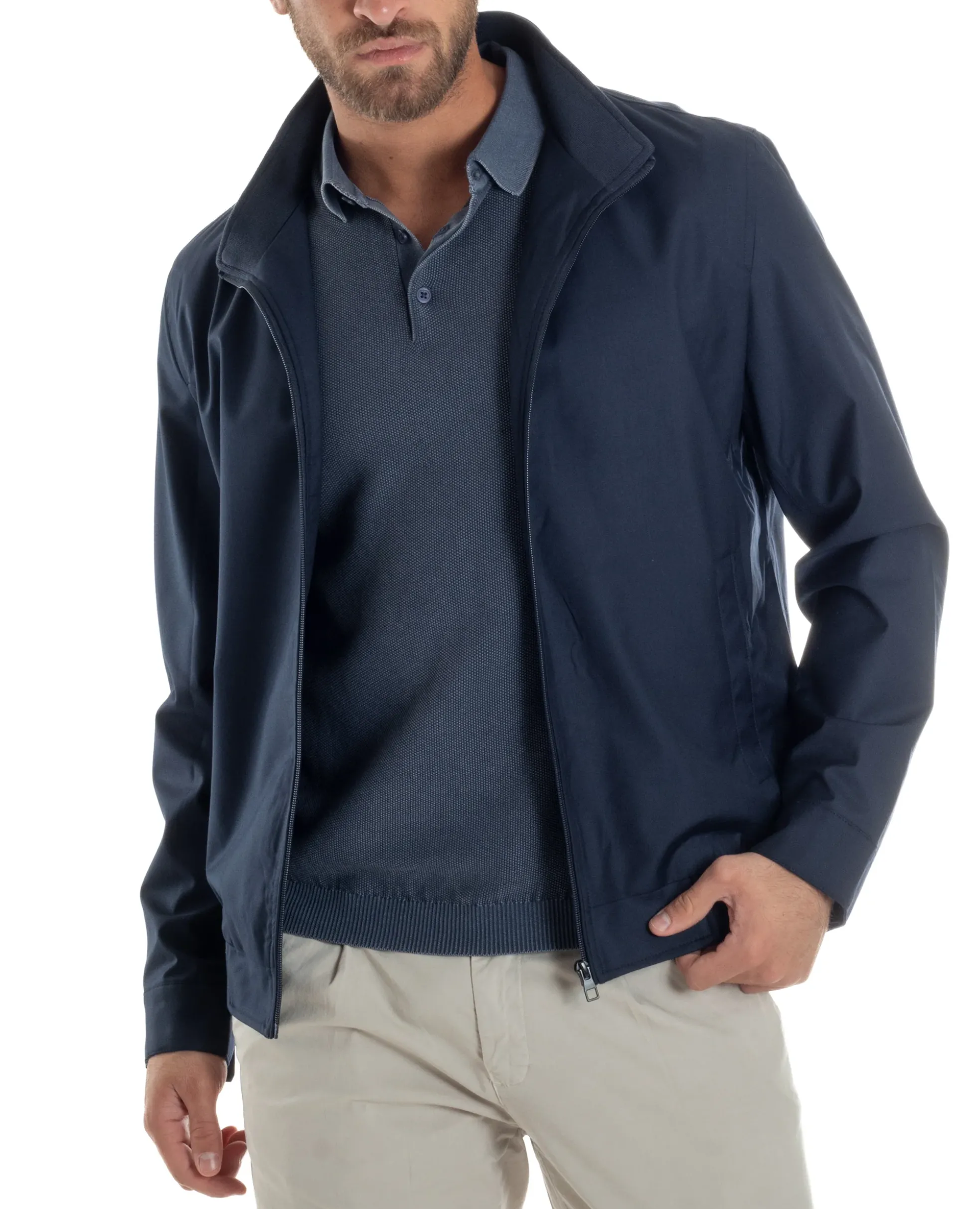 Giubbotto Uomo Giacca Leggera Tessuto Tecnico No Stiro College Impermeabile Con Zip Blu Casual GIOSAL-G3299A
