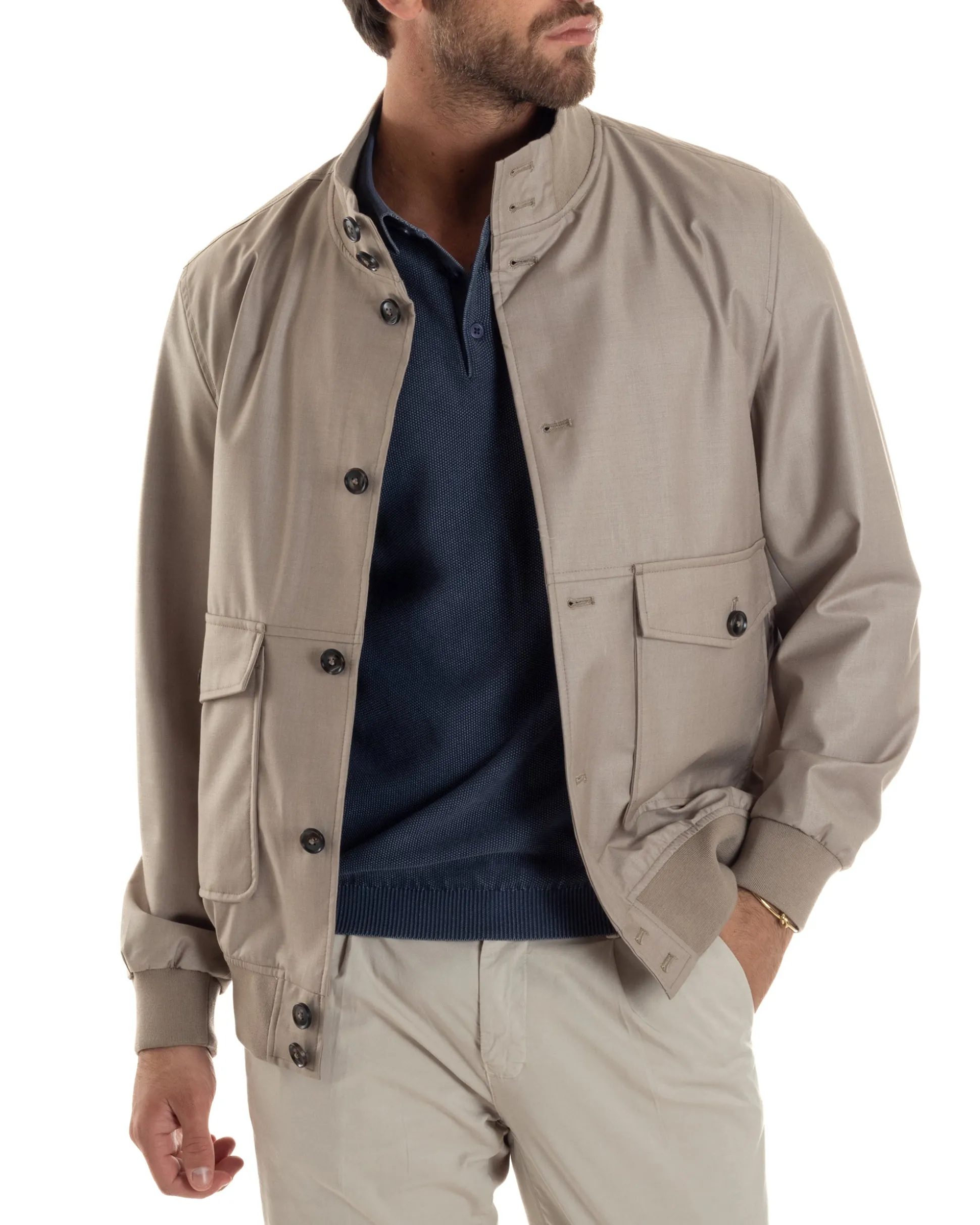 Giubbotto Uomo Giacca Leggera Tessuto Tecnico No Stiro College Impermeabile Con Bottoni Beige G3294A