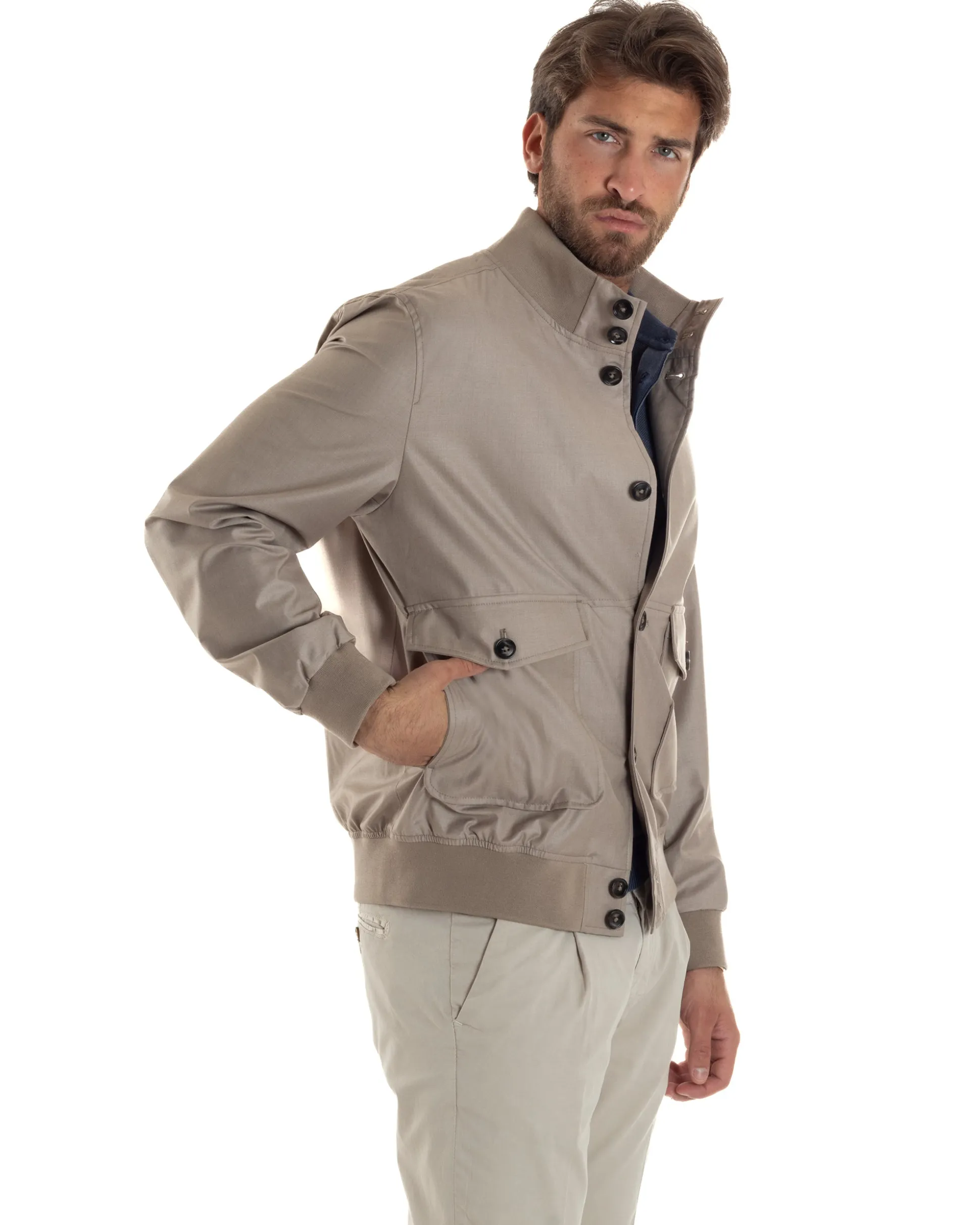 Giubbotto Uomo Giacca Leggera Tessuto Tecnico No Stiro College Impermeabile Con Bottoni Beige G3294A