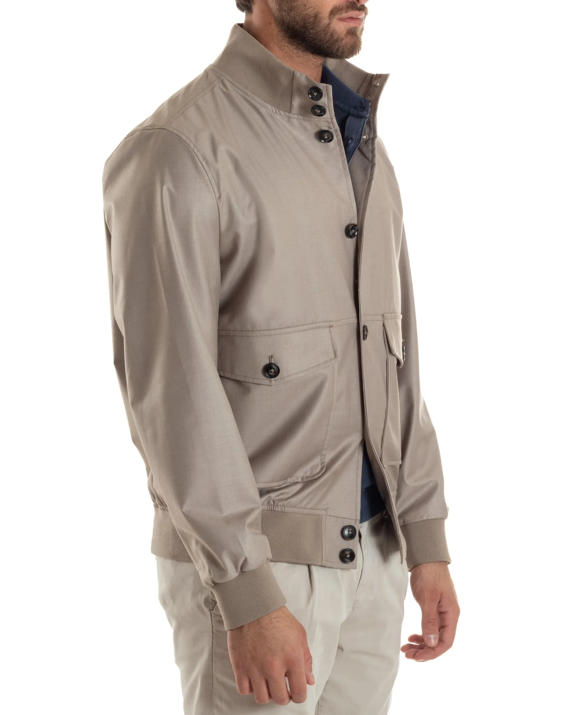Giubbotto Uomo Giacca Leggera Tessuto Tecnico No Stiro College Impermeabile Con Bottoni Beige G3294A