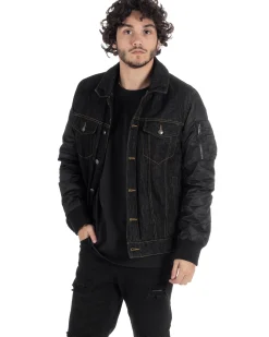 Giubbotto Uomo Jeans Denim Nero Lucido Bomber Con Colletto Pelliccia GIOSAL-G3116A