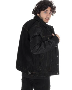 Giubbotto Uomo Jeans Denim Nero Lucido Bomber Con Colletto Pelliccia GIOSAL-G3116A