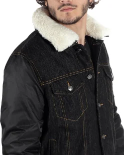 Giubbotto Uomo Jeans Denim Nero Lucido Bomber Con Colletto Pelliccia GIOSAL-G3116A