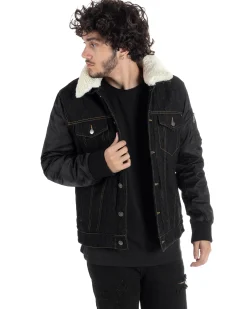 Giubbotto Uomo Jeans Denim Nero Lucido Bomber Con Colletto Pelliccia GIOSAL-G3116A