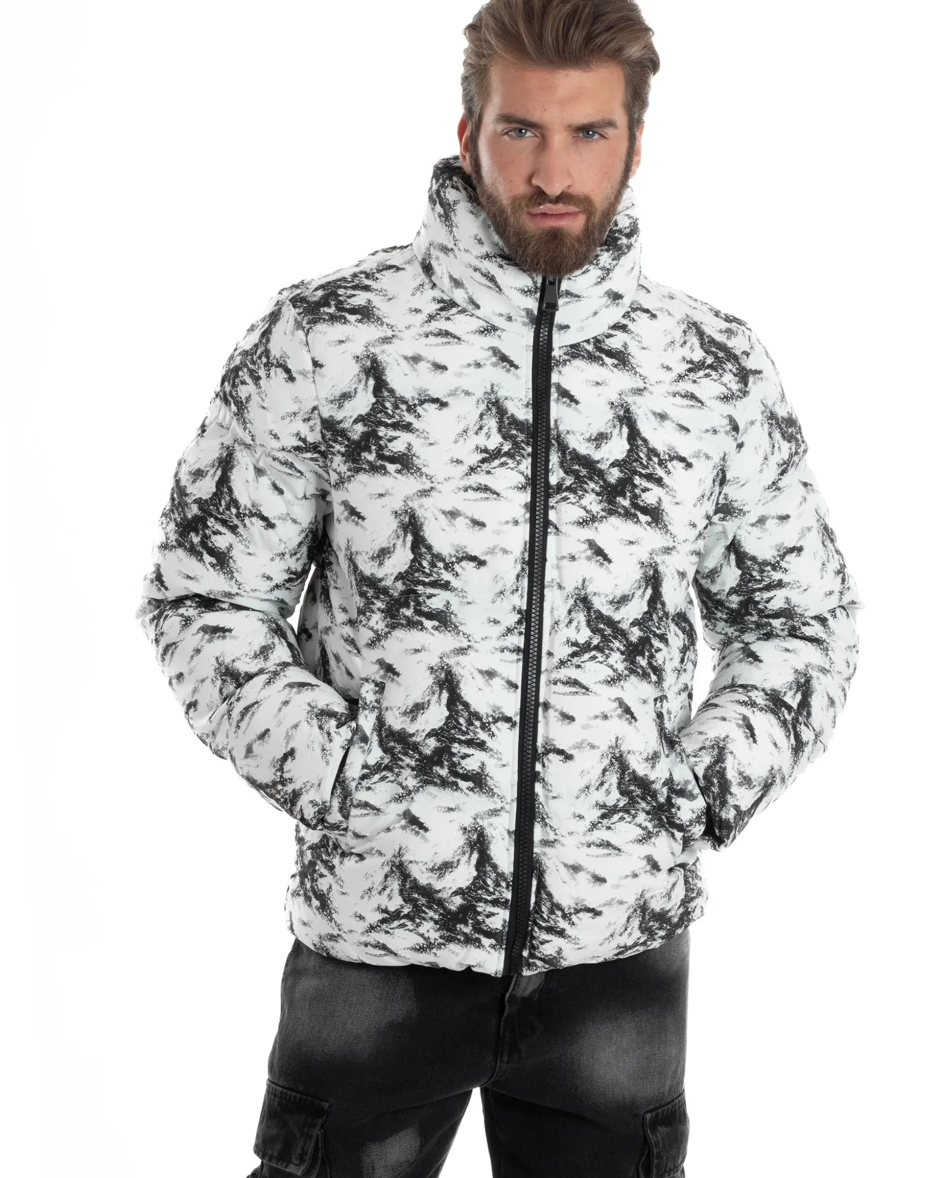Giubbotto Uomo Mimetico Trapuntato Imbottito Bomber Marmorizzato Giacca Camouflage Bicolore Bianco GIOSAL-G3258A