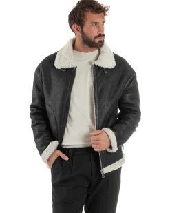 Giubbotto Uomo Montone Ecopelle Giacca College Pelliccia Nero G3358A