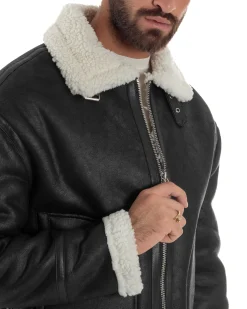Giubbotto Uomo Montone Ecopelle Giacca College Pelliccia Nero G3358A