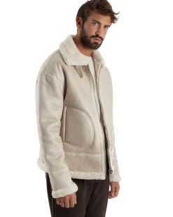 Giubbotto Uomo Montone Ecopelle Giacca College Pelliccia Beige G3359A