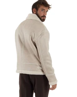 Giubbotto Uomo Montone Ecopelle Giacca College Pelliccia Beige G3359A