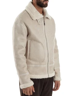 Giubbotto Uomo Montone Ecopelle Giacca College Pelliccia Beige G3359A
