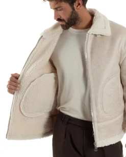 Giubbotto Uomo Montone Ecopelle Giacca College Pelliccia Beige G3359A