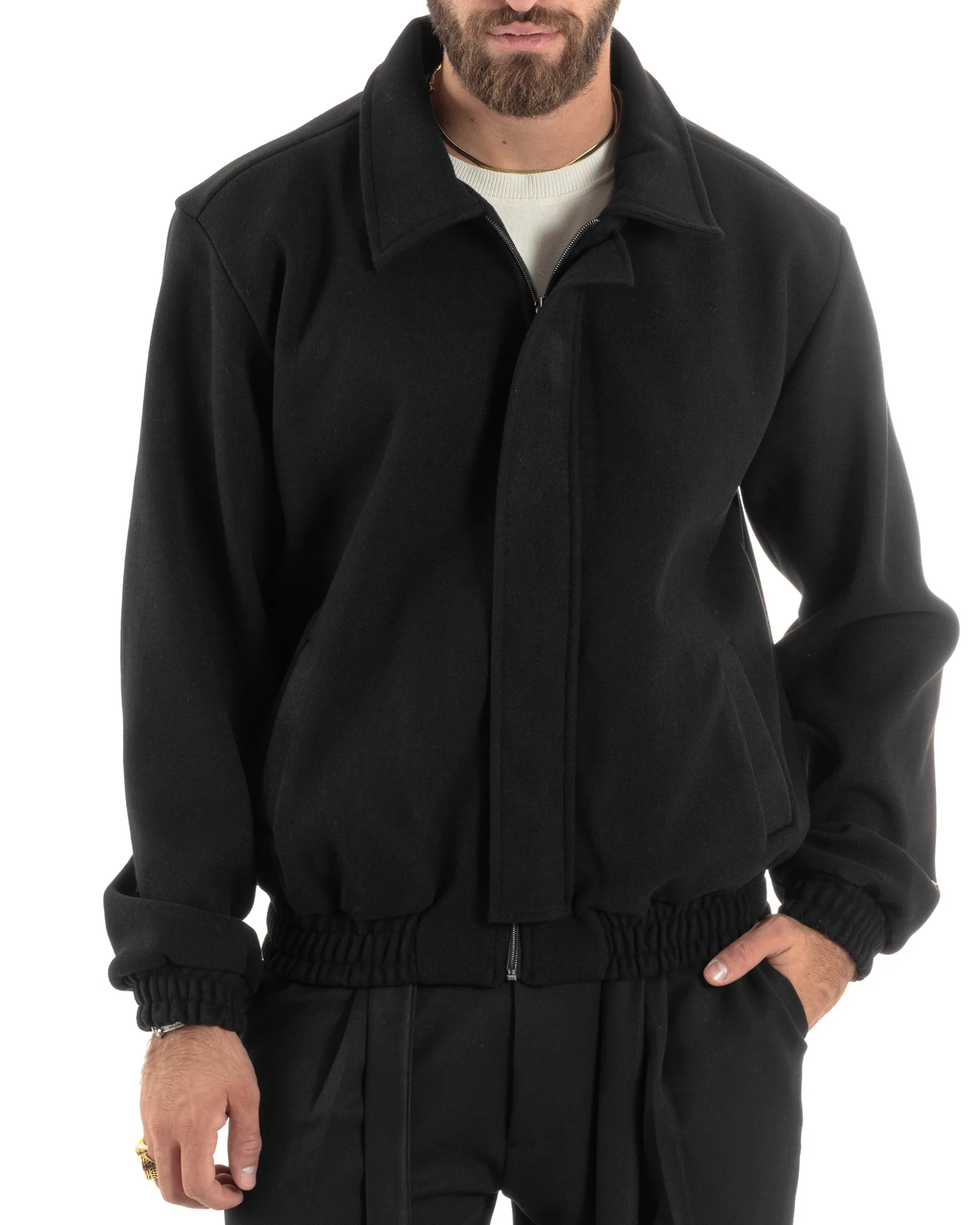 Giubbotto Uomo Panno Caldo Bomber Con Colletto Giacca Con Zip Tinta Unita Nero GIOSAL-G3248A