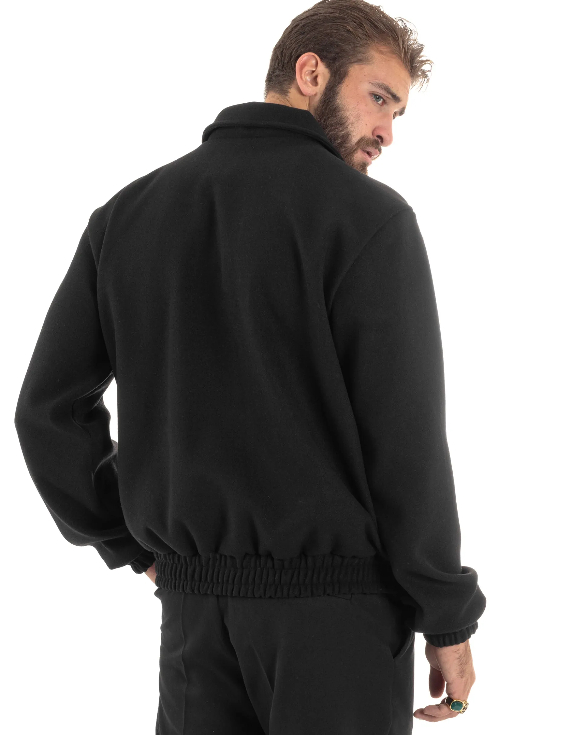 Giubbotto Uomo Panno Caldo Bomber Con Colletto Giacca Con Zip Tinta Unita Nero GIOSAL-G3248A