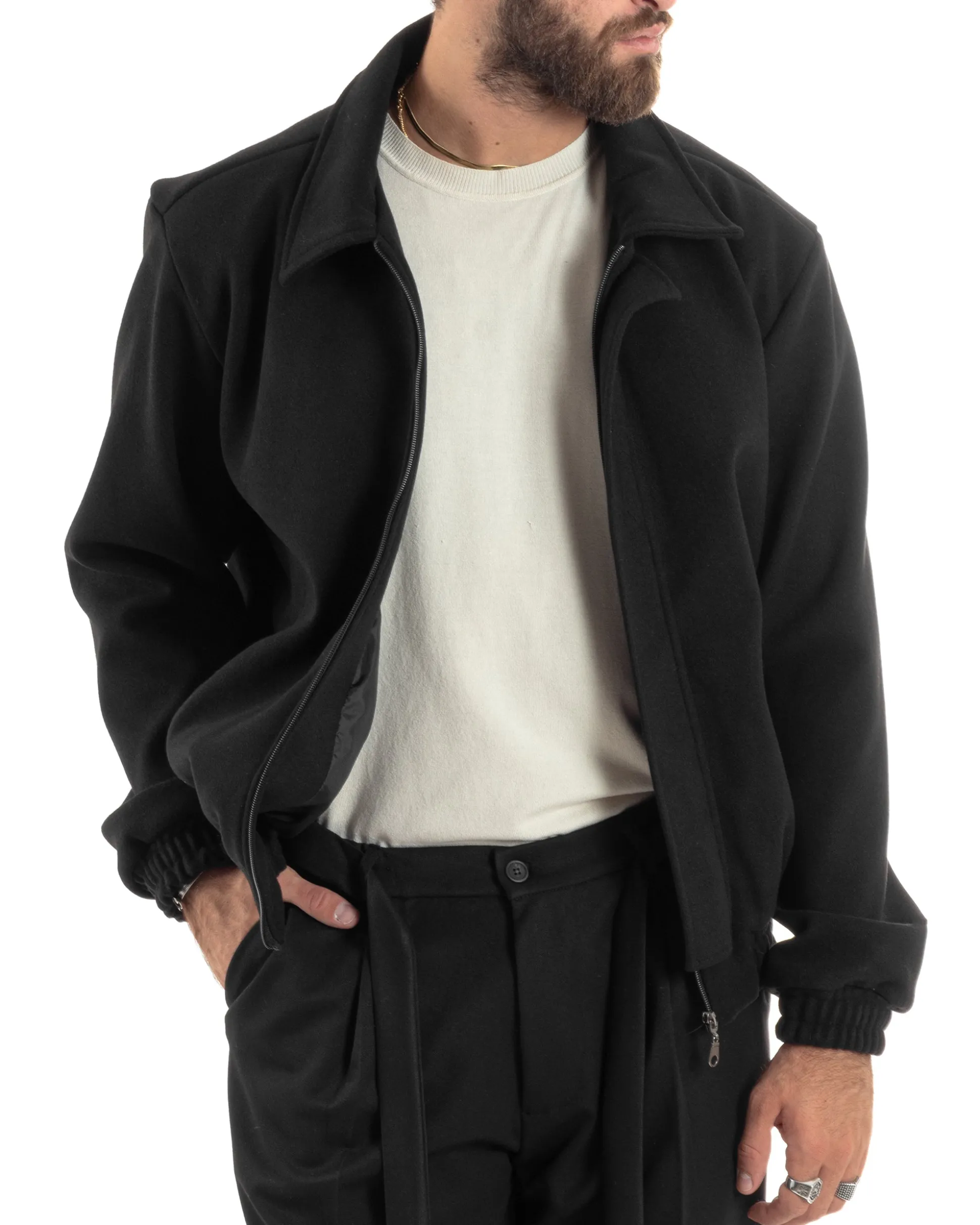 Giubbotto Uomo Panno Caldo Bomber Con Colletto Giacca Con Zip Tinta Unita Nero GIOSAL-G3248A