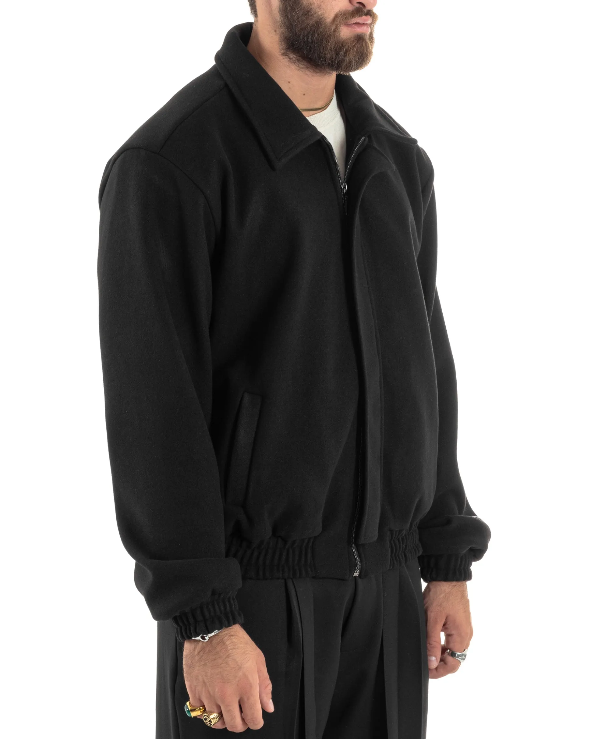 Giubbotto Uomo Panno Caldo Bomber Con Colletto Giacca Con Zip Tinta Unita Nero GIOSAL-G3248A