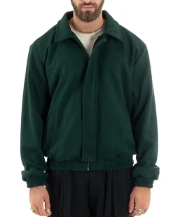 Giubbotto Uomo Panno Caldo Bomber Con Colletto Giacca Con Zip Tinta Unita Verde GIOSAL-G3249A