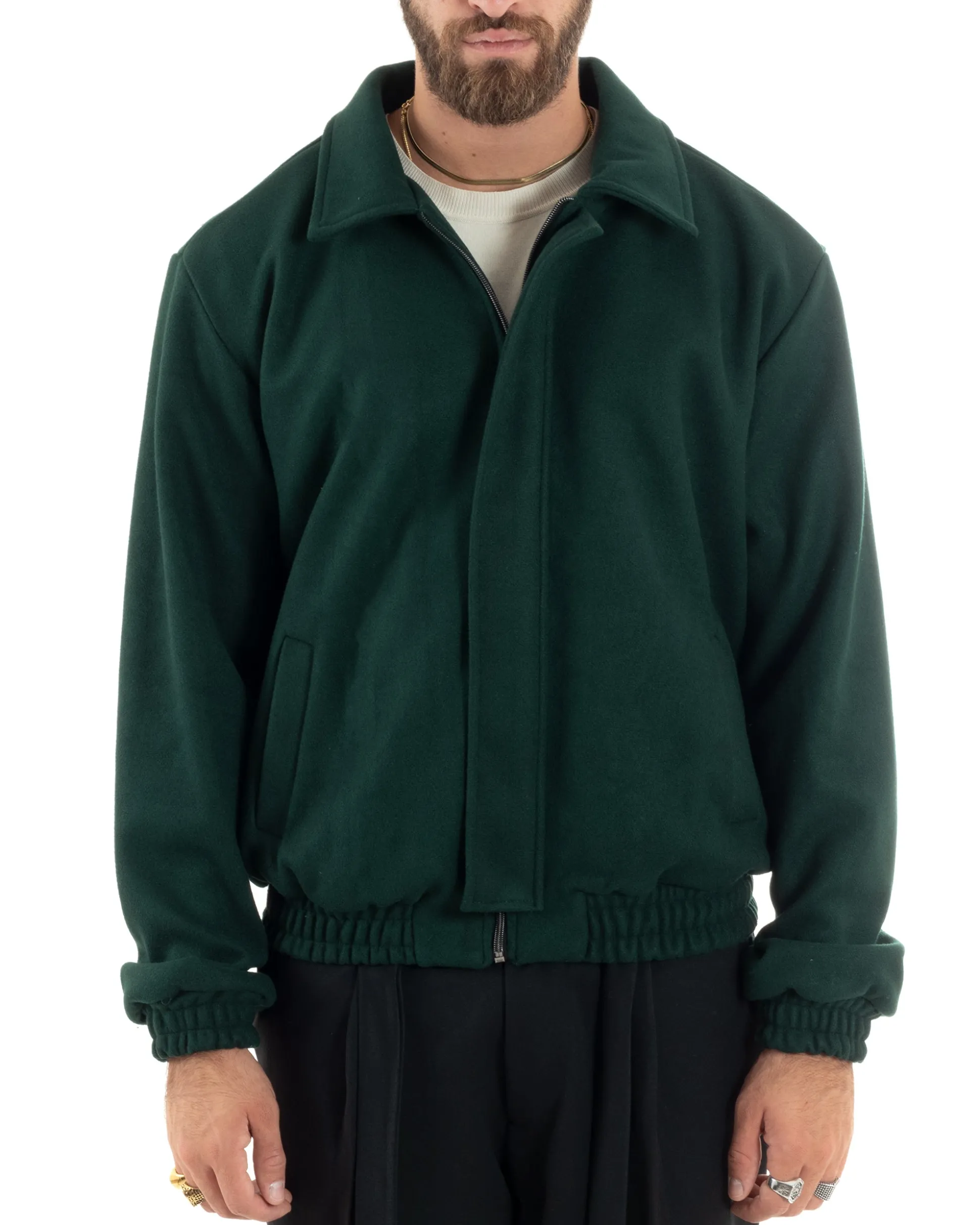 Giubbotto Uomo Panno Caldo Bomber Con Colletto Giacca Con Zip Tinta Unita Verde GIOSAL-G3249A