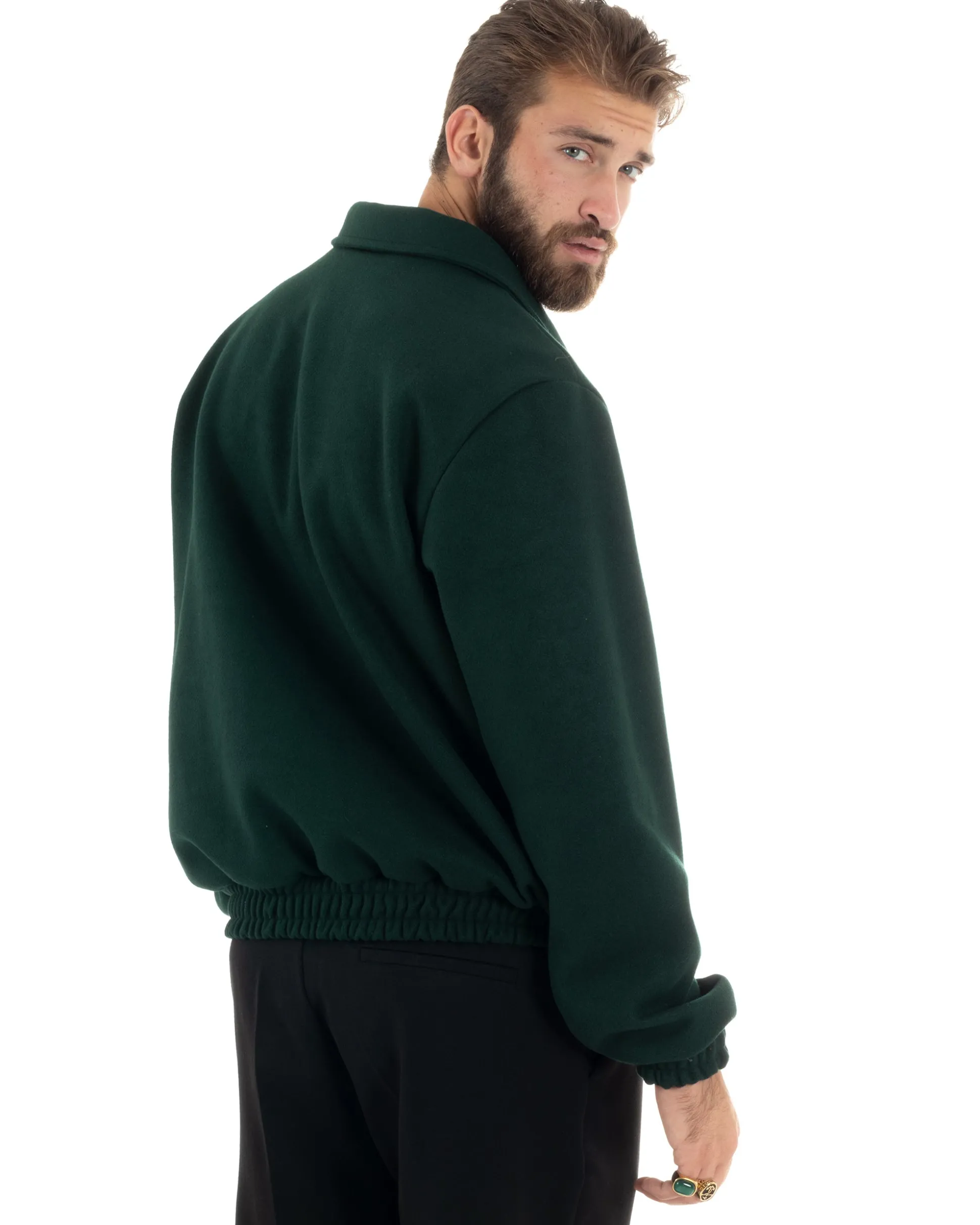 Giubbotto Uomo Panno Caldo Bomber Con Colletto Giacca Con Zip Tinta Unita Verde GIOSAL-G3249A