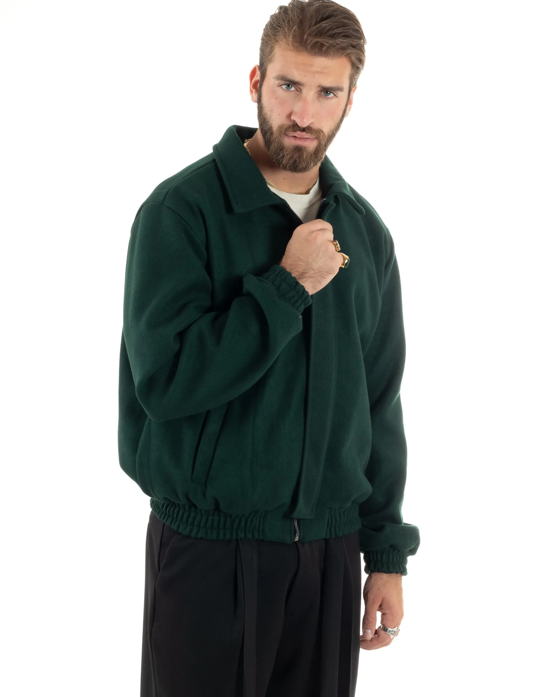 Giubbotto Uomo Panno Caldo Bomber Con Colletto Giacca Con Zip Tinta Unita Verde GIOSAL-G3249A