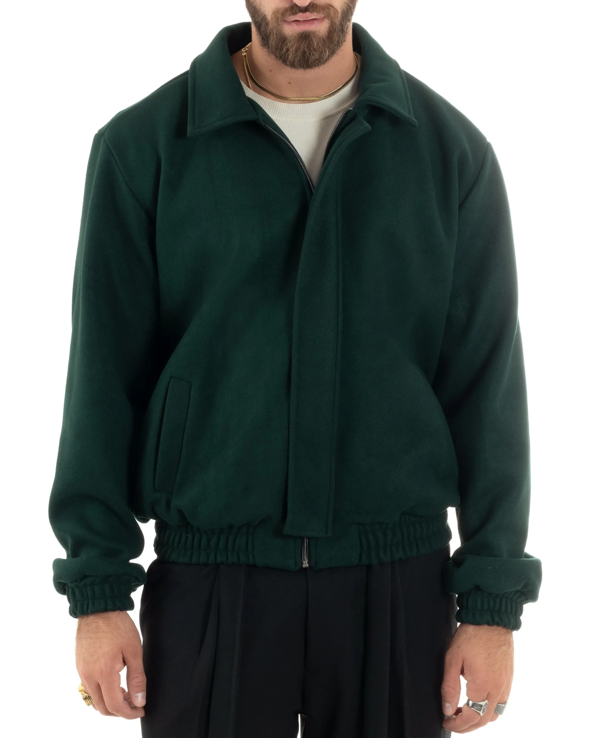 Giubbotto Uomo Panno Caldo Bomber Con Colletto Giacca Con Zip Tinta Unita Verde GIOSAL-G3249A