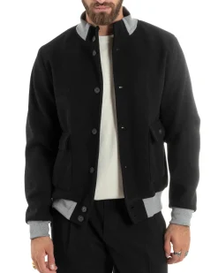 Giubbotto Uomo Tessuto Cappotto Bomber College In Panno Comodo Bicolore Giacca Calda Con Tasconi Casual Nero GIOSAL-G3245A
