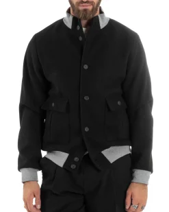 Giubbotto Uomo Tessuto Cappotto Bomber College In Panno Comodo Bicolore Giacca Calda Con Tasconi Casual Nero GIOSAL-G3245A